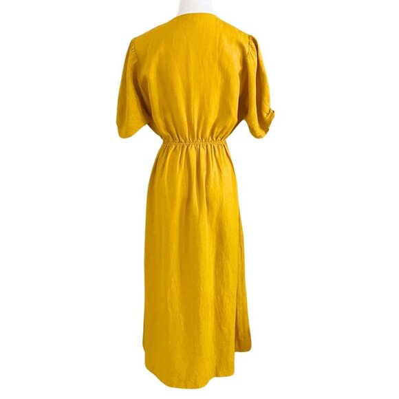 THE KORNER MUSTARD YELLOW SURPLICE LINEN BLEND EMPIRE WAIST MIDI DRESS - XS - Picture 4 of 10